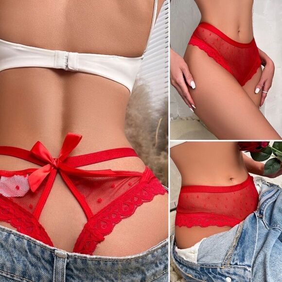 Red - Black - White l Bow Panties l Sheer Lace l Polka-dotted l Unlined l M - Picture 1 of 9